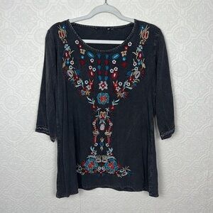 Scully Western Shirt Womens 3/4 Sleeve Scoop Neck Gray Embroidered Top Cowgirl